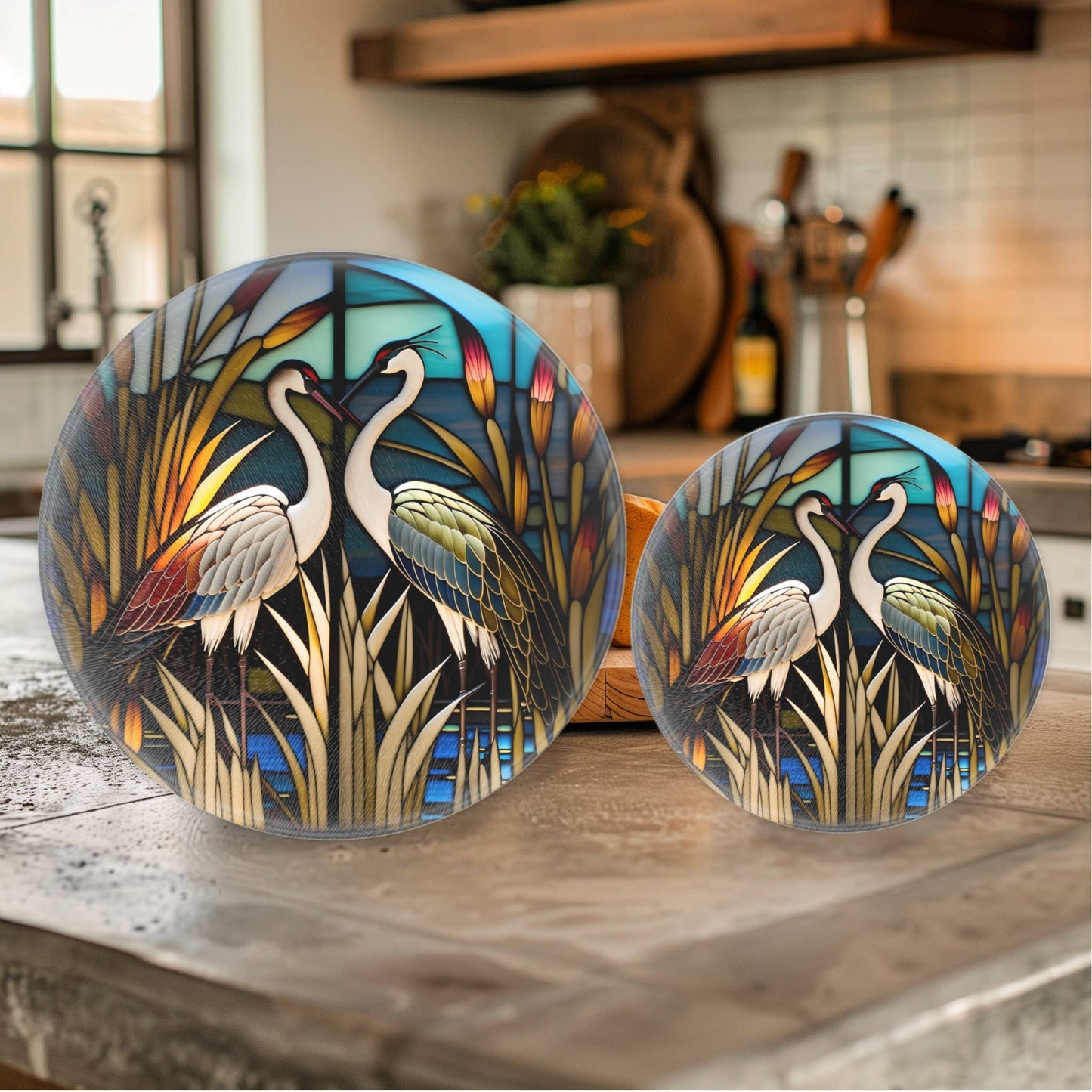 Fernville Creations - Crane Charcuterie Tempered Glass Cutting Board, Serving Tray: 12 - Inch