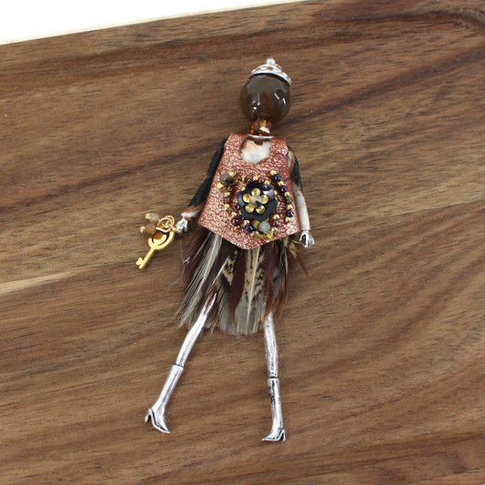 Pretty Persuasions - B24109B Stone Adorned French Doll Stainless Steel Brooch: 09 SL/COP Feather/Key Dress