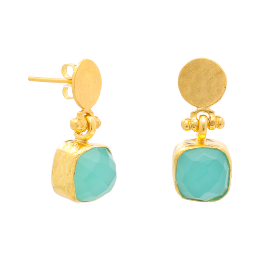 AJS Design Studio - Cushion Cut Aqua Chalcedony Earrings With Hammered Post