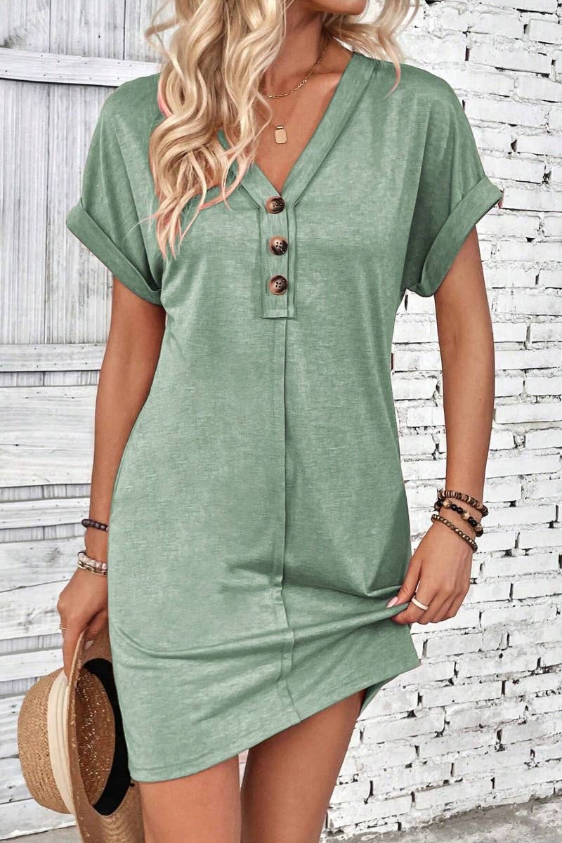 NINEXIS - CWDSD4862_SUMMER V-NECK BUTTON-UP SHORT-SLEEVED DRESS SHORT: KHAKI / (L) 1