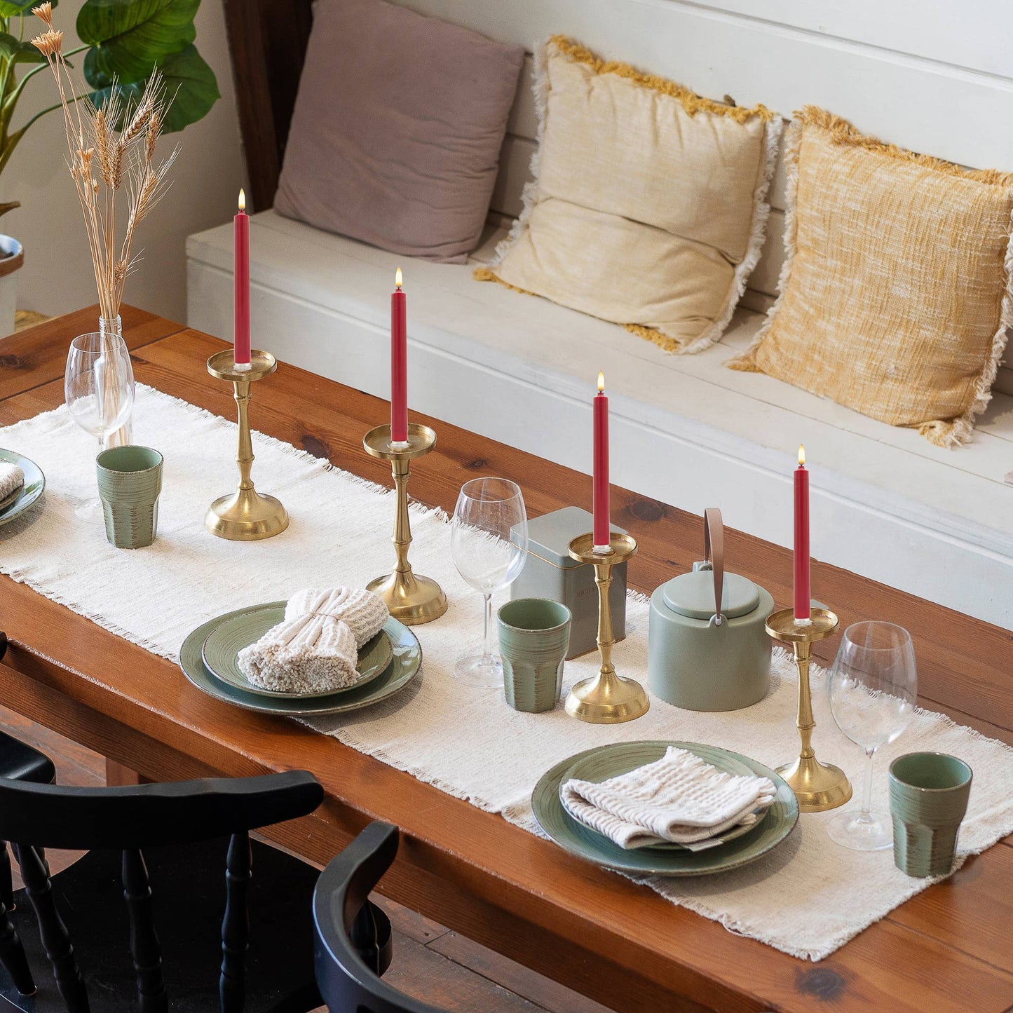 LumaBase - Battery Operated 3D Wick Flame Taper Candles, Red (Set of 4)