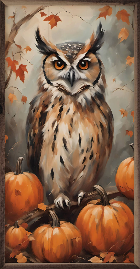 Kendrick Home - Owl With Pumpkins: 12 x 24 x 1.5