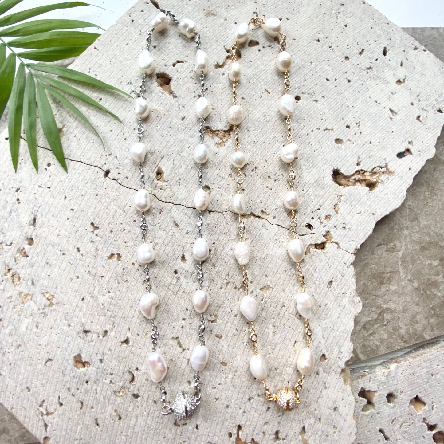 VB&CO Designs Handmade Jewelry - Magnetic genuine pearl necklace  boutique salon bridal ocean: Silver / 18”