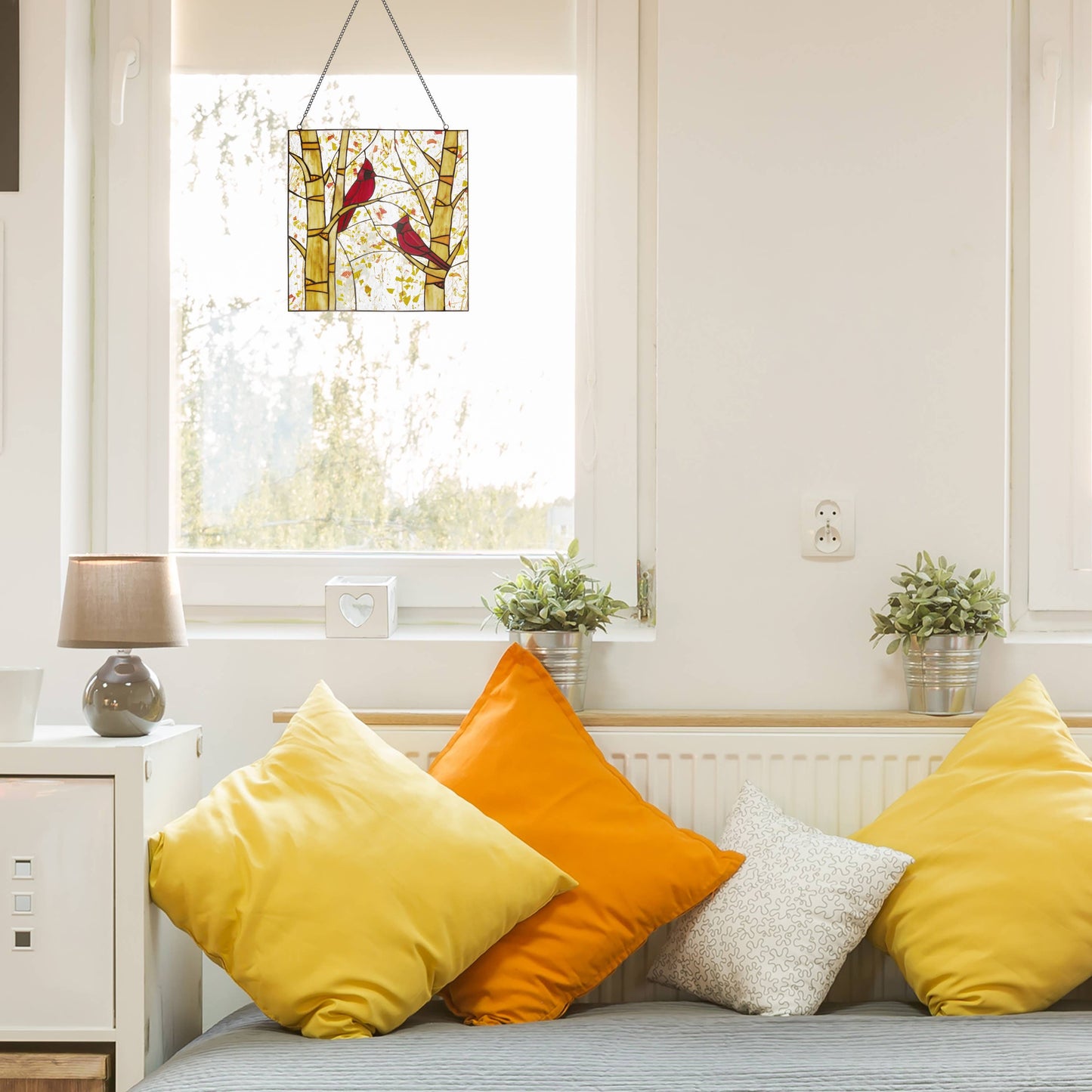 River of Goods - 14"H Eden Red Cardinals in Autumn Stained Glass Window Panel