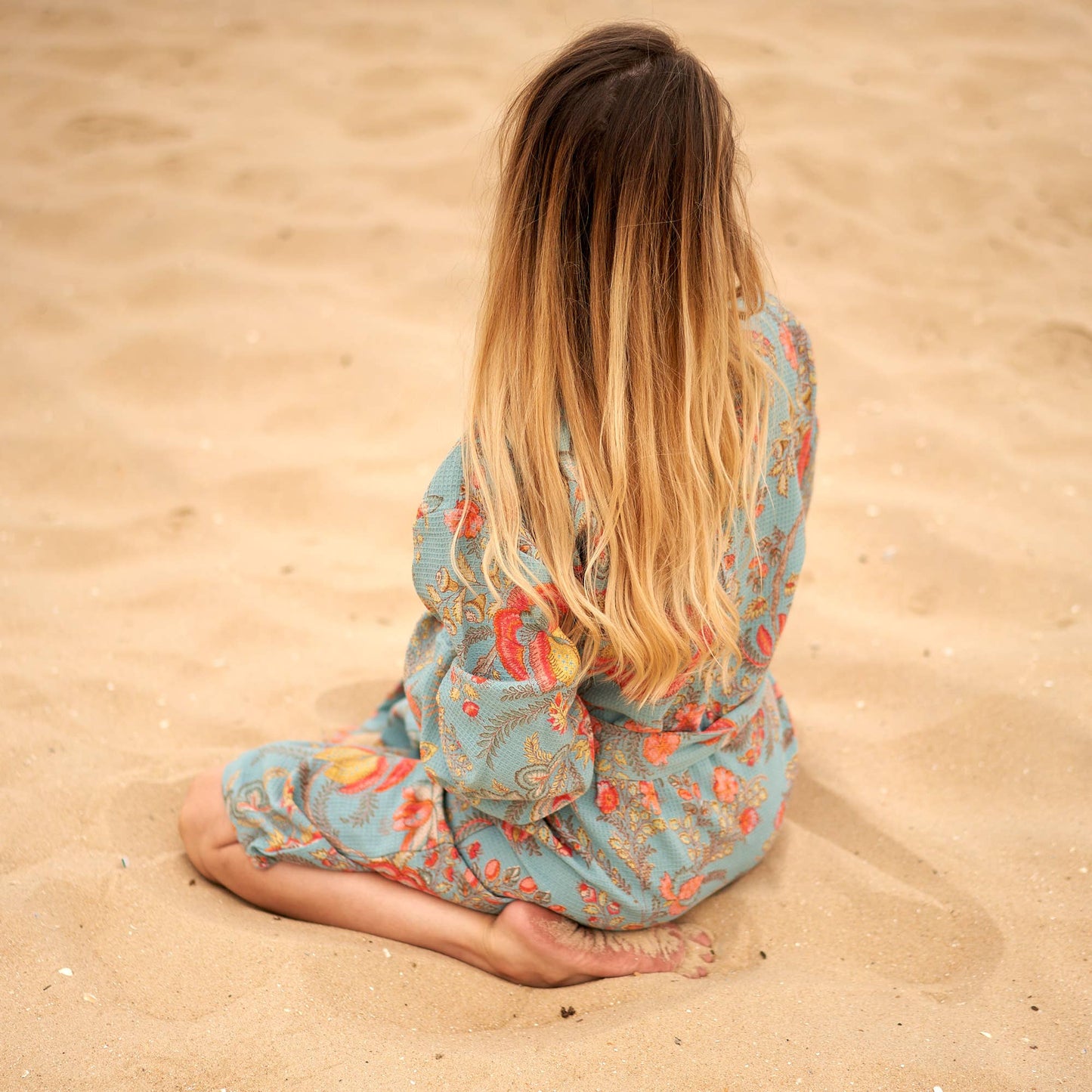 Linen Connections - Cotton Kimono Bathrobe Frida Waffle Robes Blue Floral Print