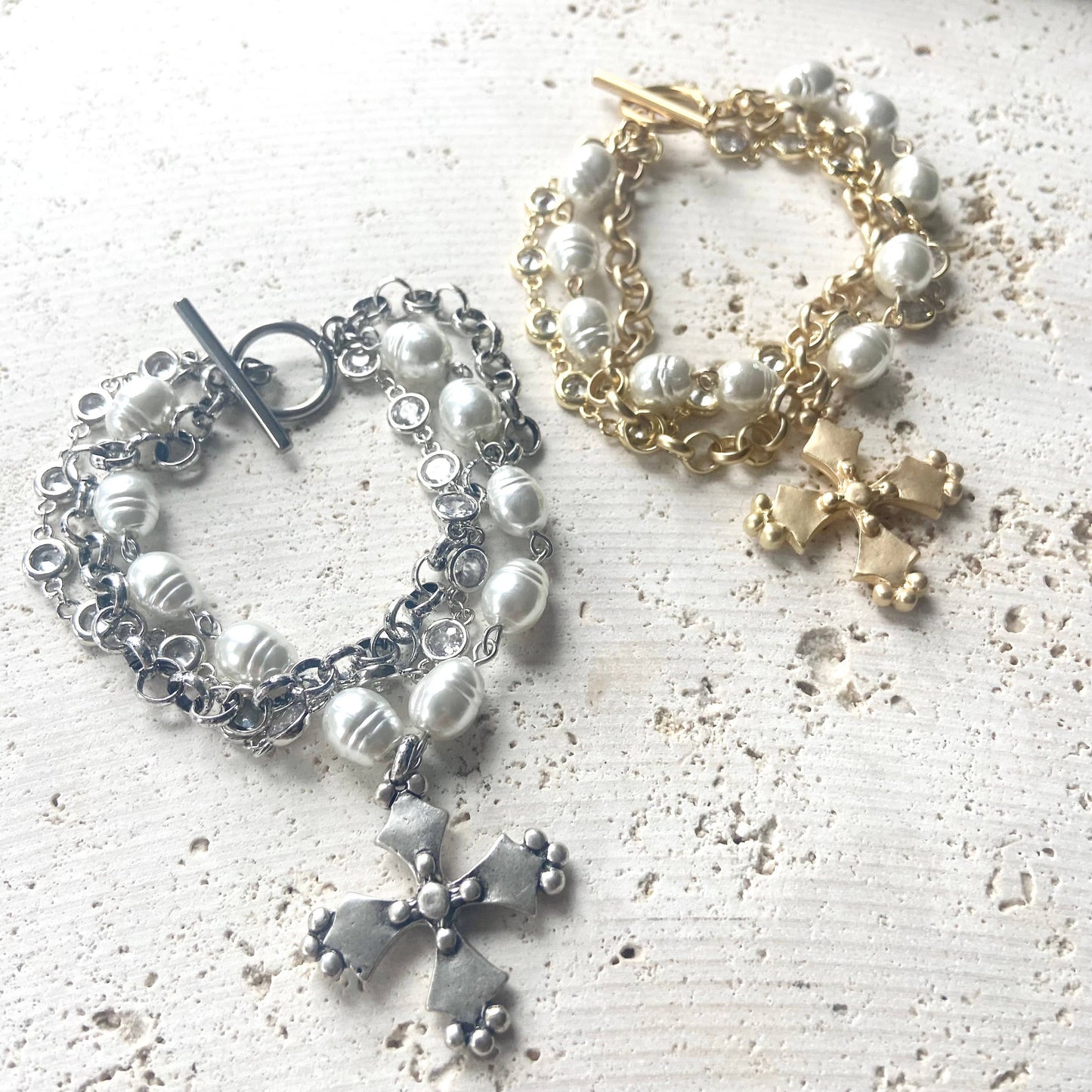 VB&CO Designs Handmade Jewelry - French vintage cross pearl matte gold jewelry: Matte gold