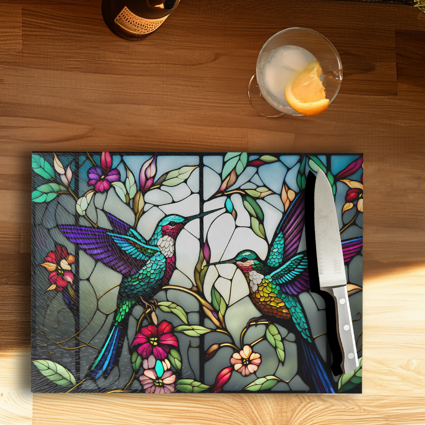 Fernville Creations - Hummingbird Tempered Glass Charcuterie & Serving Board: 11x15 inches