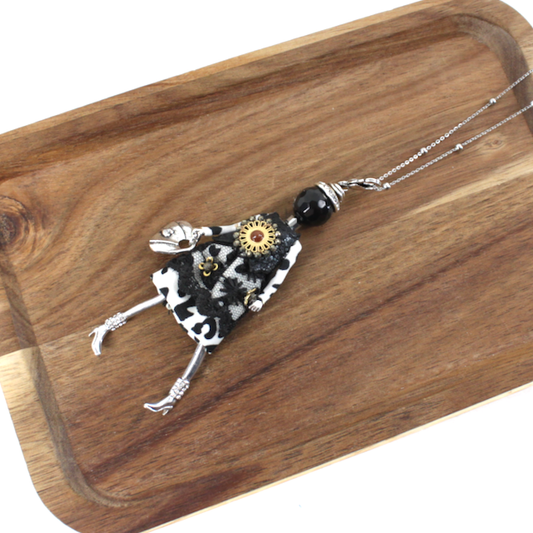 Pretty Persuasions - N26102 Stone Adorned French Doll Stainless Steel Necklace: 04 BLK