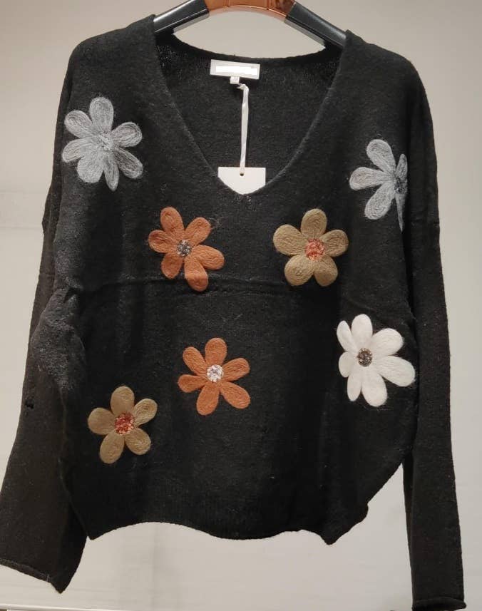 LOOWIE - MC034 Black Soft Comfy Sweater Embroidered Flowers LOOWIE