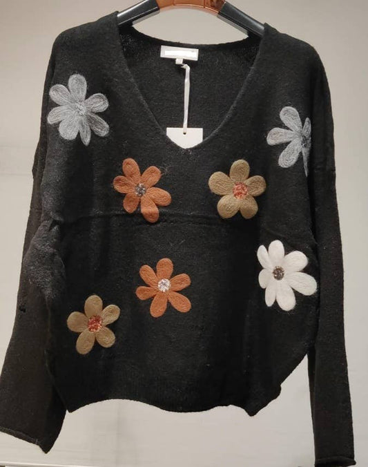LOOWIE - MC034 Black Soft Comfy Sweater Embroidered Flowers LOOWIE