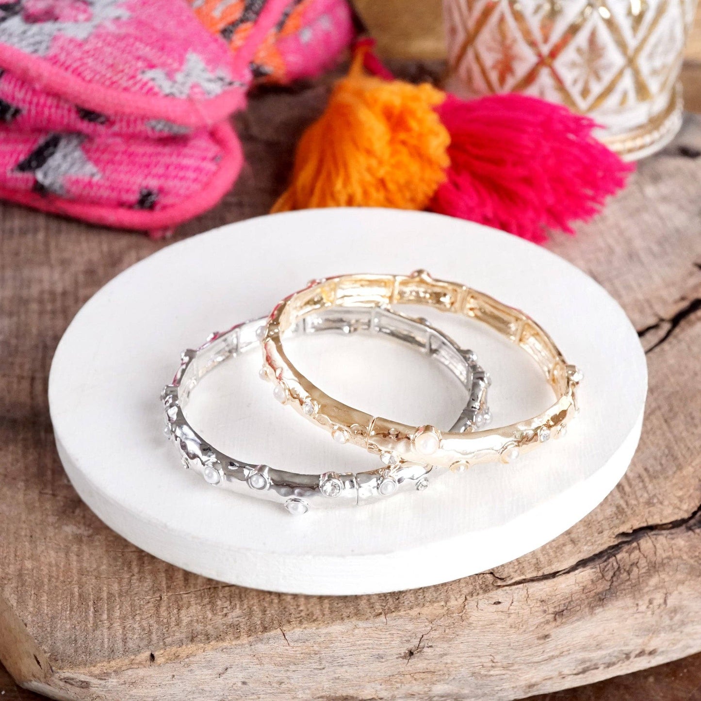 PennyLine inc - Stretchy Stackable Bangle Pearls and Rhinestones Gold or Silver Tone: Pearls and Crystals - Silver Tone