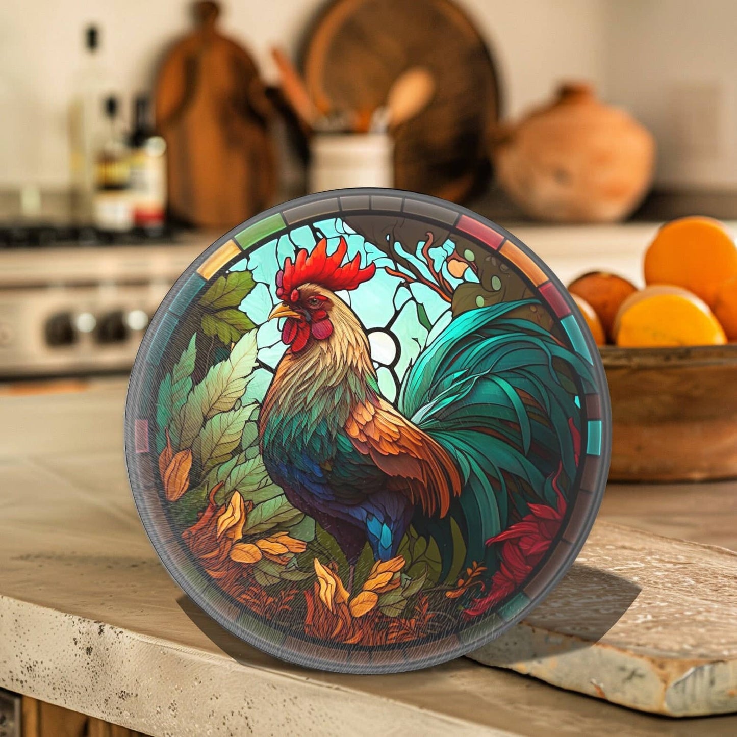 Fernville Creations - Rooster Tempered Glass Cutting & Serving Board: 12 Inch