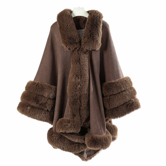 PEACH ACCESSORIES - PE370 faux fur trimmed snuggling CAPE: Brown