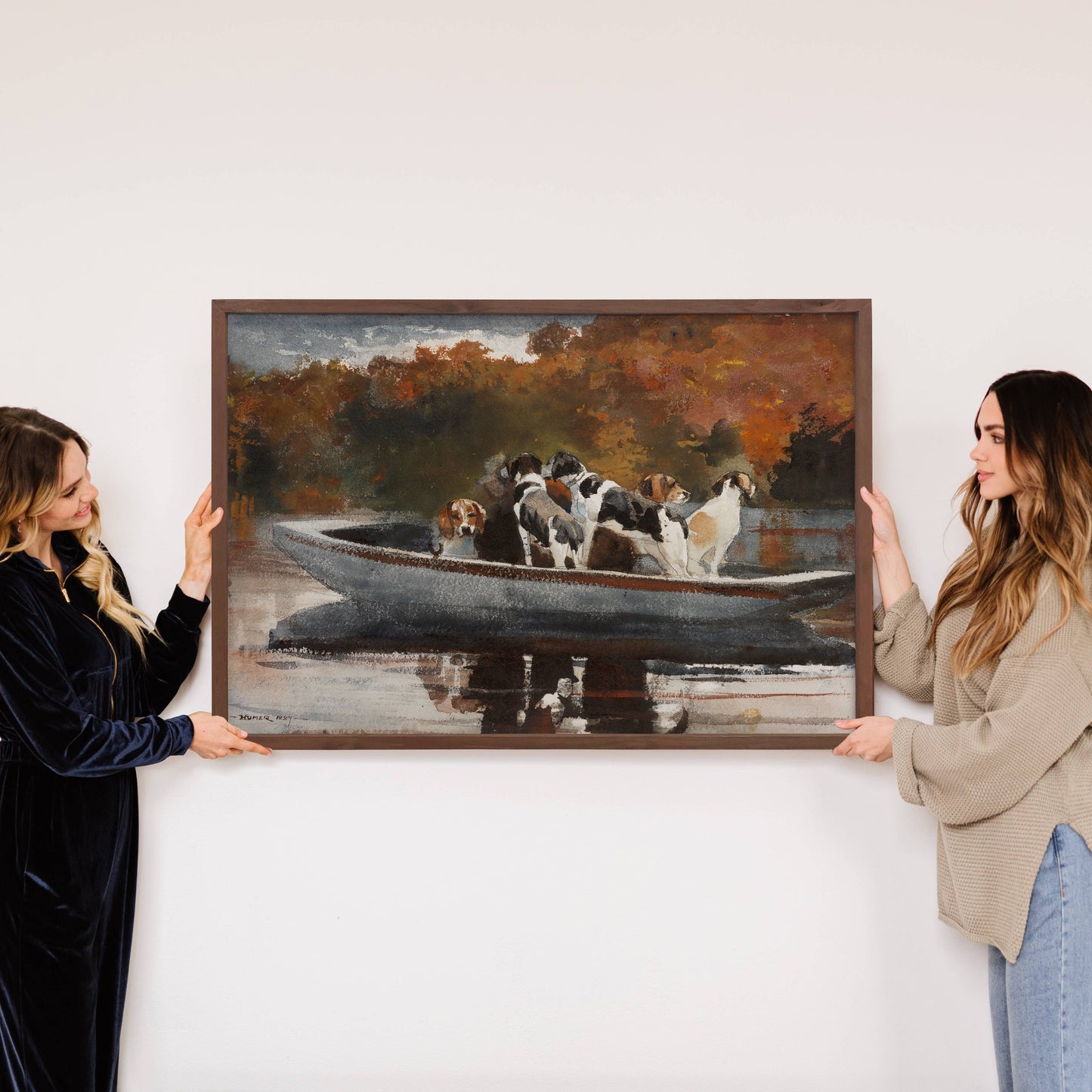 Hangout Home - Hunting Dogs on a Boat - Dog canvas Wall Art - Wood Framed: 24x36" Extra Large Canvas Art with Thick Wood Frame