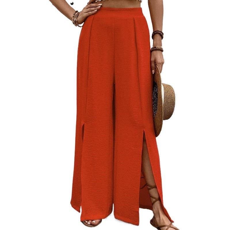 UZ Wholesale Store - High-Waisted Wide Leg Pants in Solid Colors: ORANGE RED / M