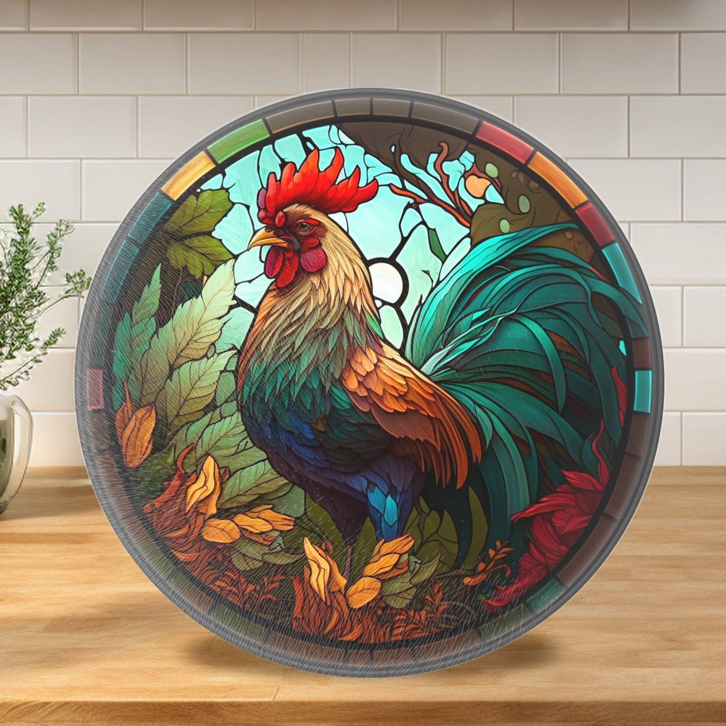 Fernville Creations - Rooster Tempered Glass Cutting & Serving Board: 12 Inch