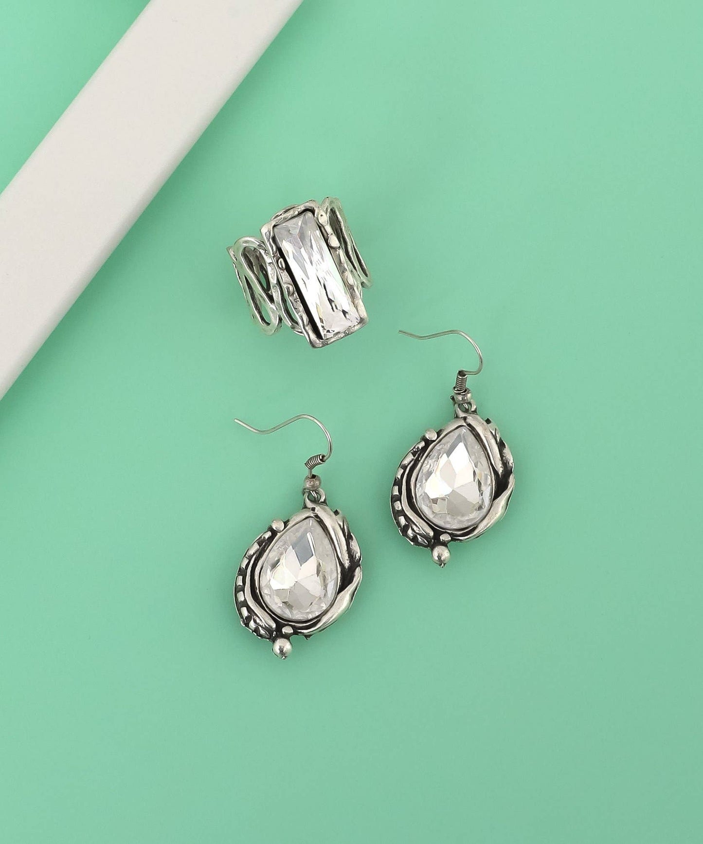AVENS - Silver Plated Earrings & Ring Set with White Crystal Stone: Silver / Brass