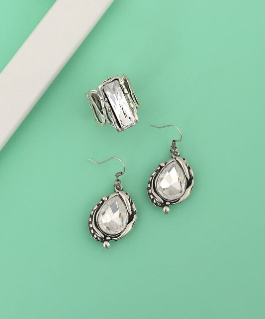AVENS - Silver Plated Earrings & Ring Set with White Crystal Stone: Silver / Brass