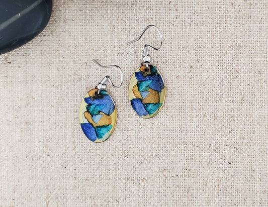 Covaly Artisan Jewelry - Alcohol Ink Stainless Steel Small Oval Earrings: Blue/Browns