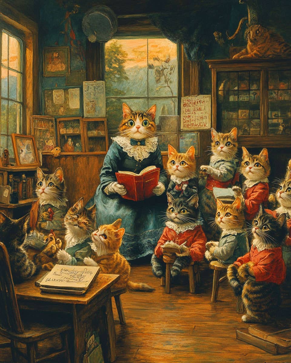 Mowbi - Surprised Teacher and Class - Cat and Kitten Wall Art Prints -  8"x10" Artwork for 11"x14" Frame