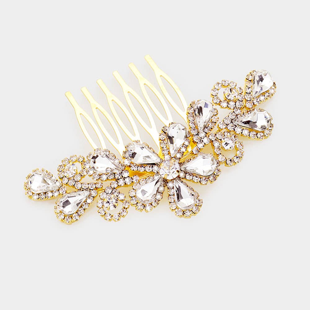 Sensibling Corp. - Teardrop Stone Flower Leaf Hair Comb: AB,Gold