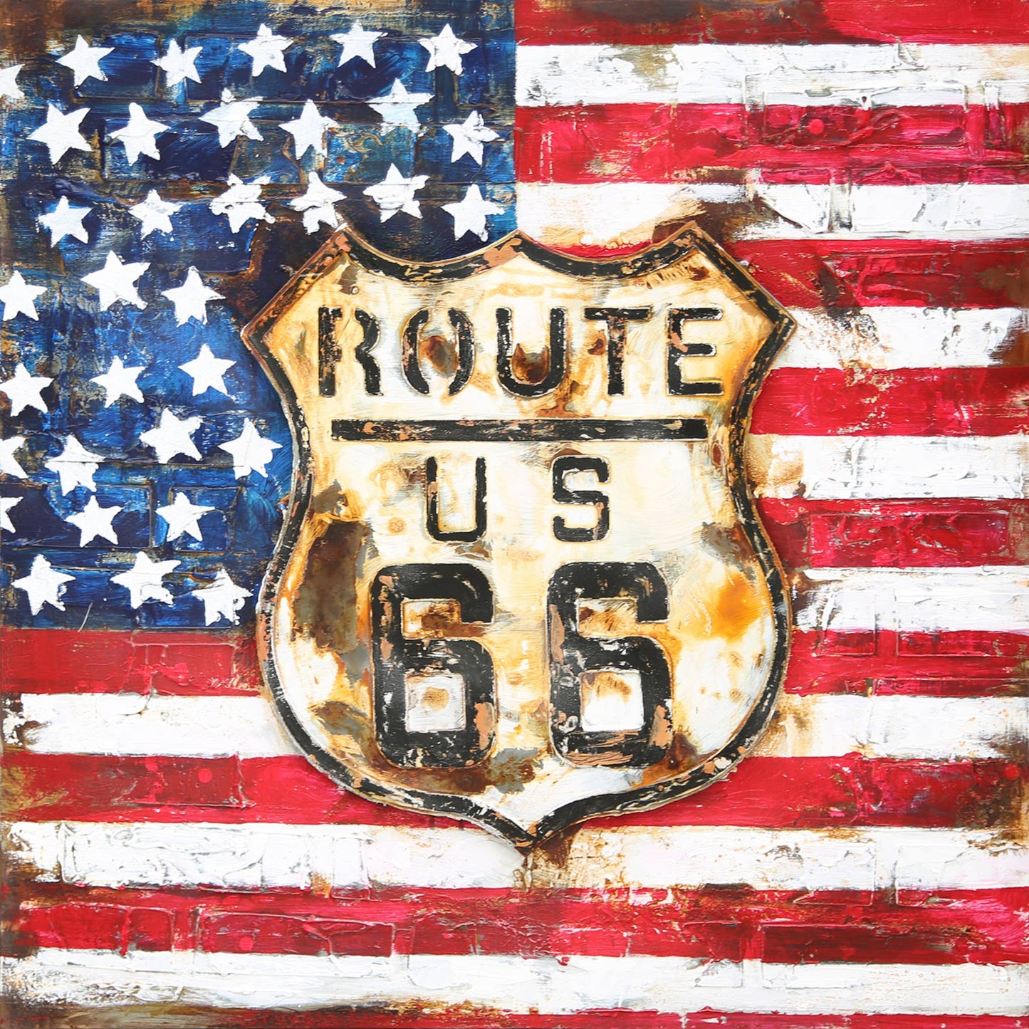 Import Corner - 41174: 3D METAL WALL ART - ROUTE 66 SHIELD - FLAG BACKGROUND