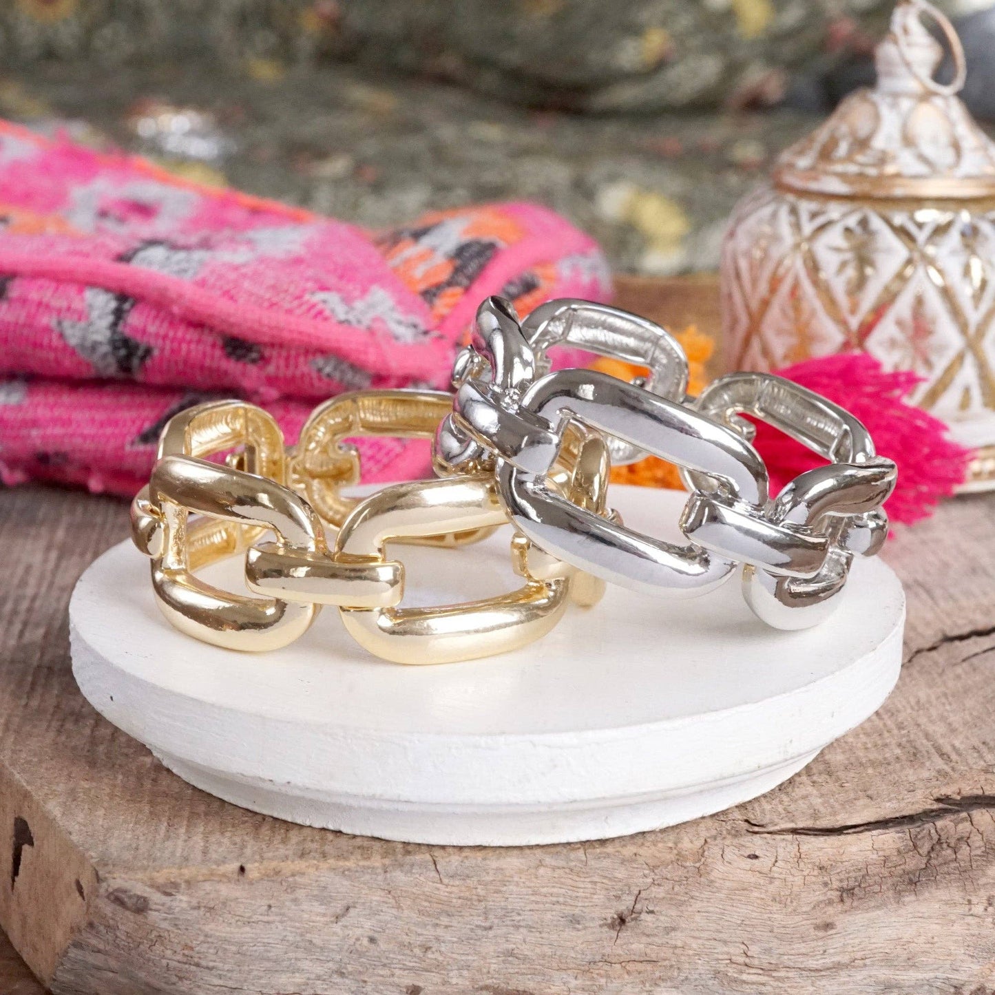 PennyLine inc - Chunky Chain Statement Stretchy Bangle Bracelet in gold or silver tone: Silver Tone