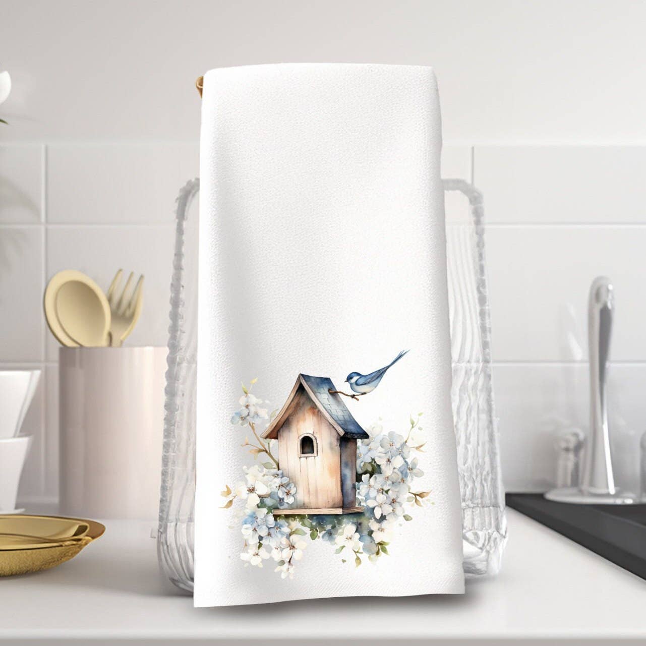 Fernville Creations - Birdhouse Printed Hand Towel with Blue Floral Accents