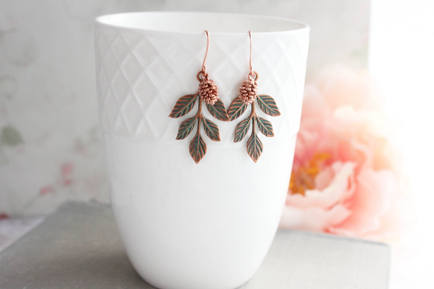 A Pocket of Posies - Branch and Pine Cone Earrings -Blush Mint Copper