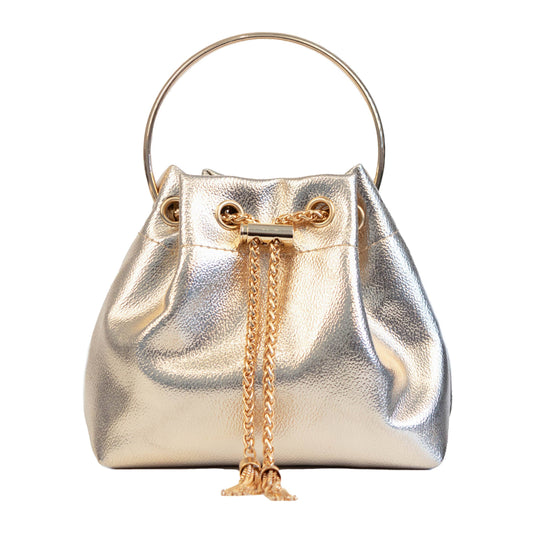 PEACH ACCESSORIES - A0518 Sophisticated Metallic Bucket Handbag with Chain: Gold