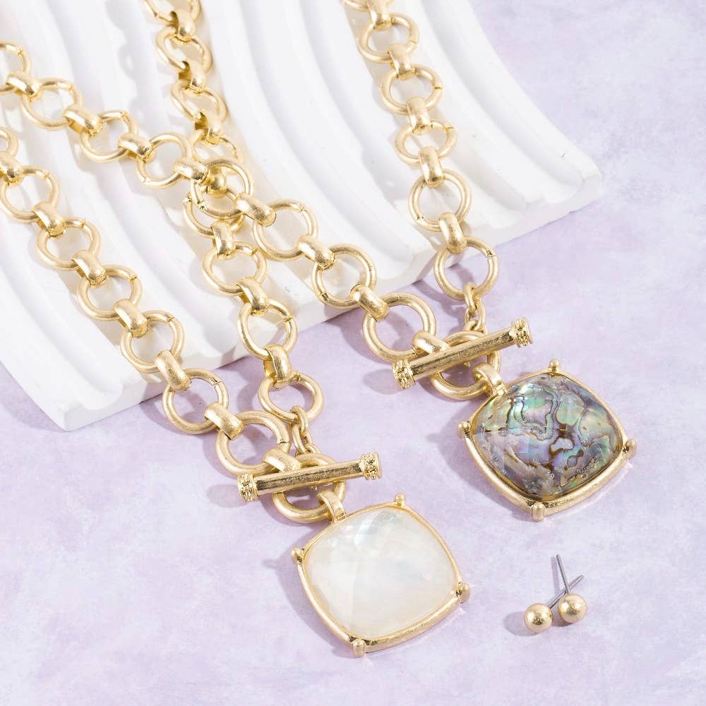 The Looks by Fame Accessories - Faceted Square Stone Pendant Necklace Set: MOP