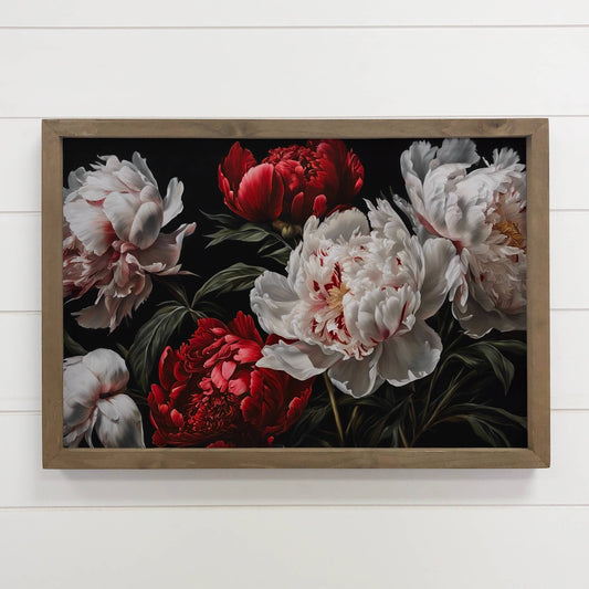 Hangout Home - White Red Peonies Dark - Peony Canvas Art - Wood Framed Art: 24x36" Extra Large Canvas Art with Thick Wood Frame