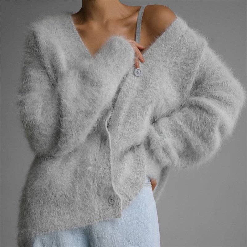 OceanusSwim - Loose Solid Color Cashmere V-Neck Cardigan Sweater: LIGHT GRAY / L