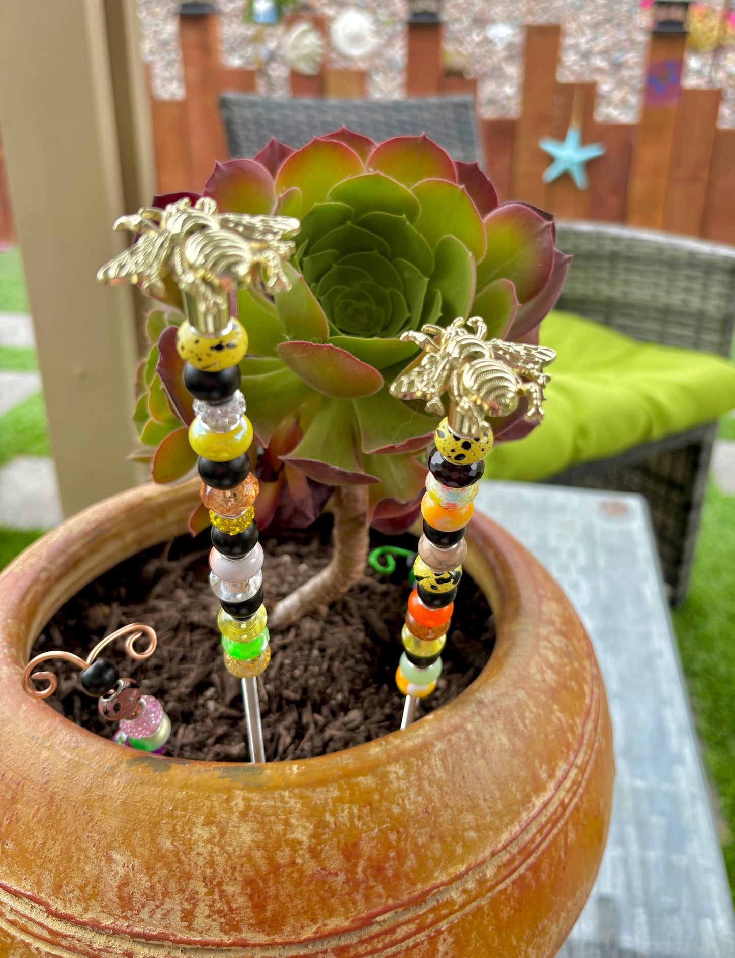 Sea of Bliss Shop - Bumblebee Fairy Garden Beaded Plant Stakes : 13 inch