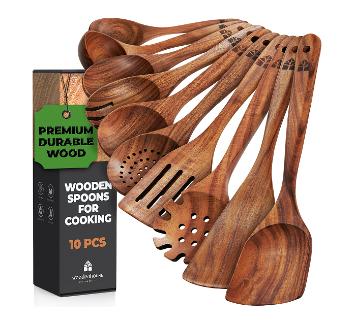 WoodenhouseLQ Inc - 10 pcs Wooden Spoons for Cooking, Wooden Cooking Utensils