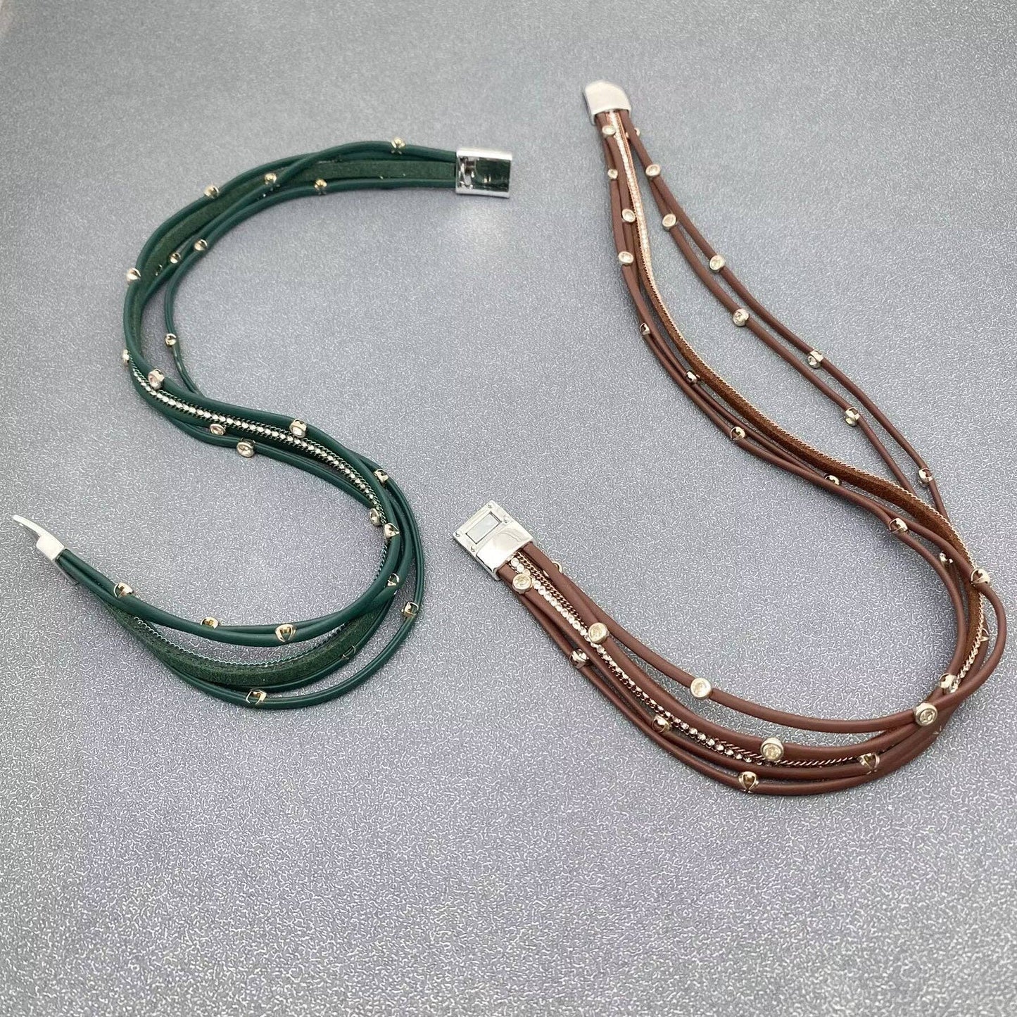 Mio Queena - Cubic Zirconia Multi-layer Leather Magnetic Buckle Bracelet - BJ: Silver