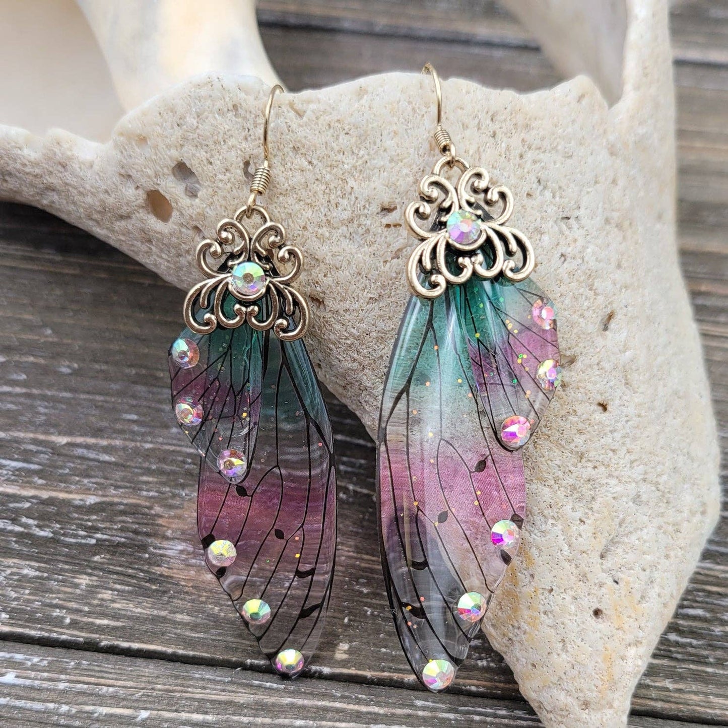 BESHEEK JEWELRY - BeSheek Antique Gold Blue & Pink Resin Butterfly Wings