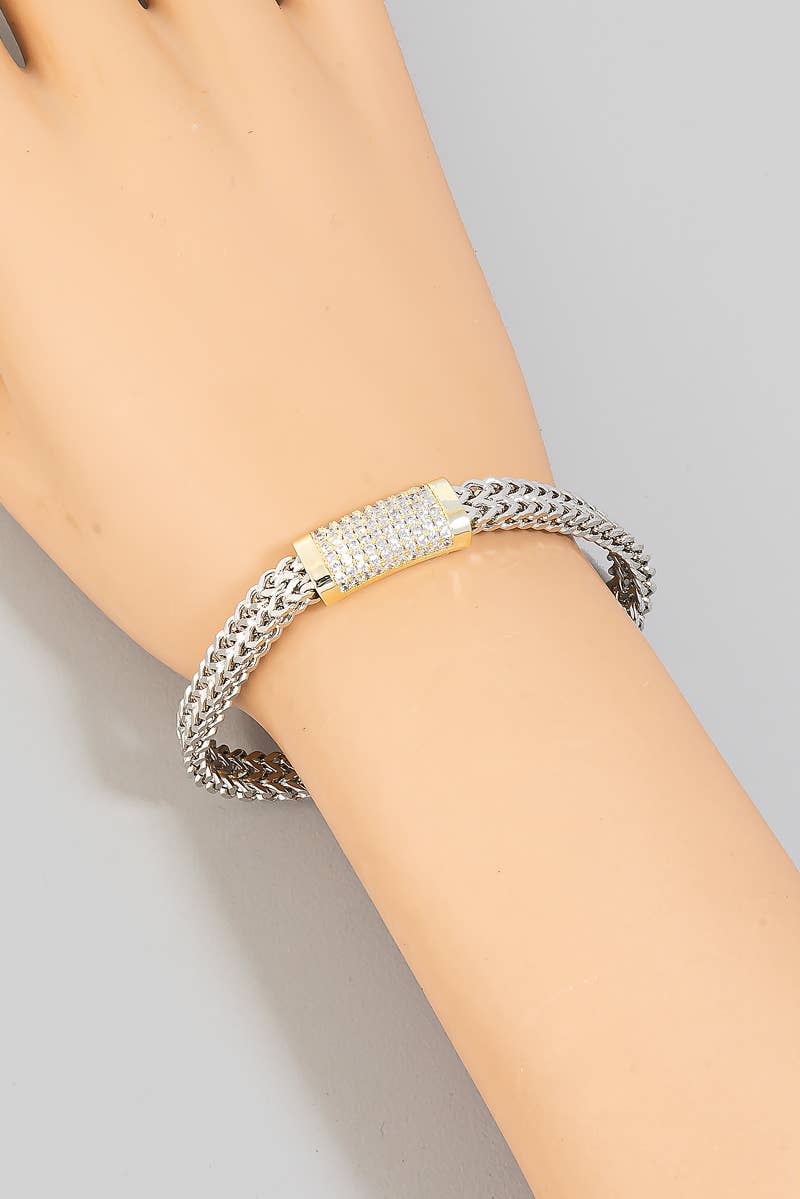 The Looks by Fame Accessories - Cz Pave Bar 2 Tone Layered Chains Magnetic Bracelet: T