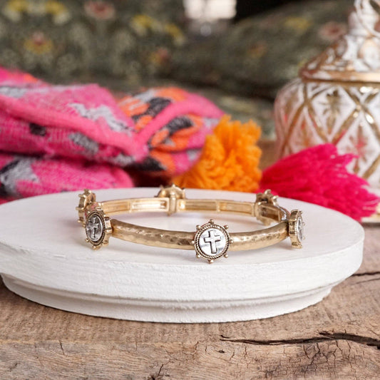 PennyLine inc - Cross Coin Bangle in Worn Silver or Gold Tone: Gold Tone