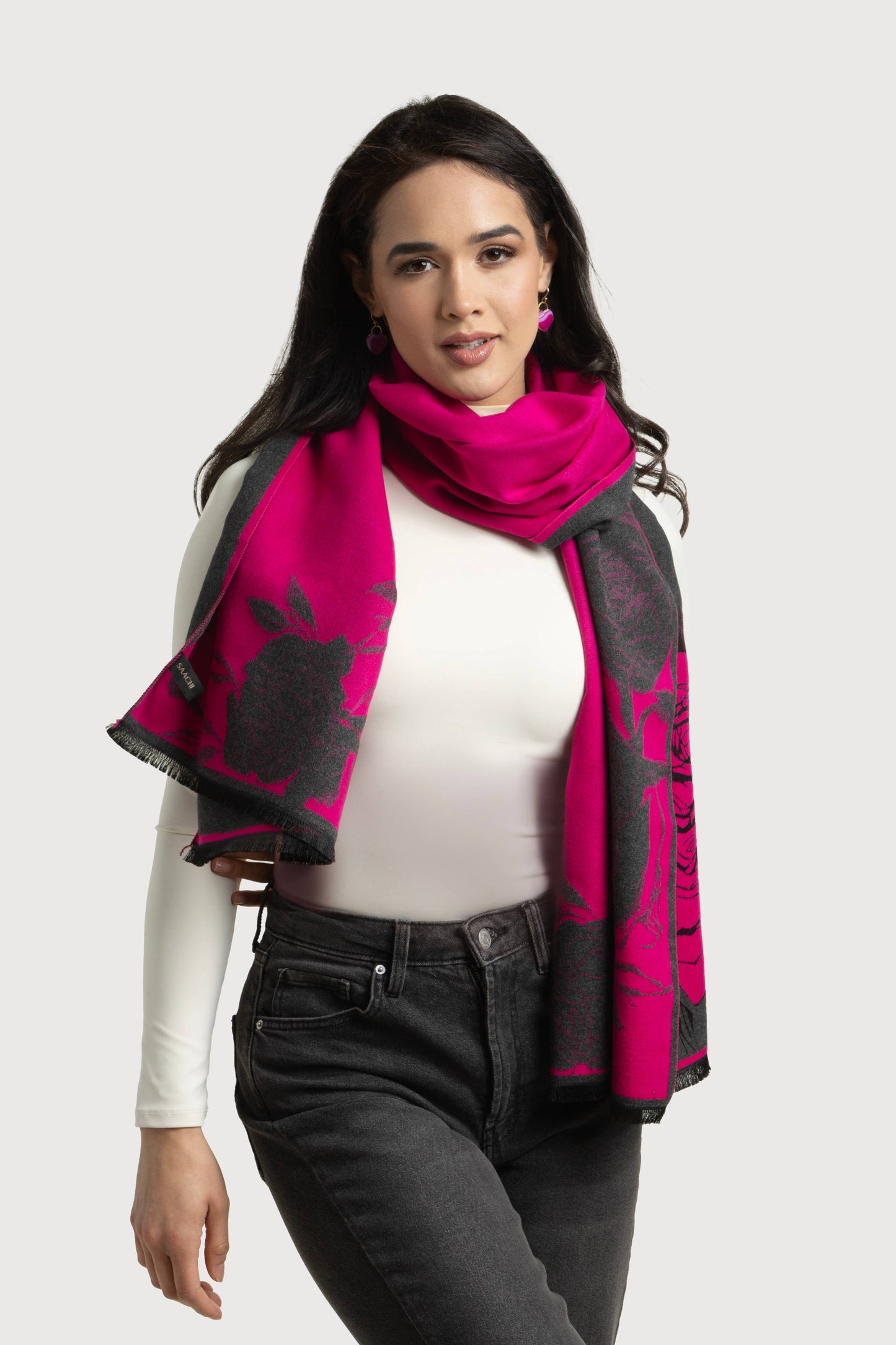 SAACHI - Fiore Reversible Rose Pattern Scarf: Grey/Pink