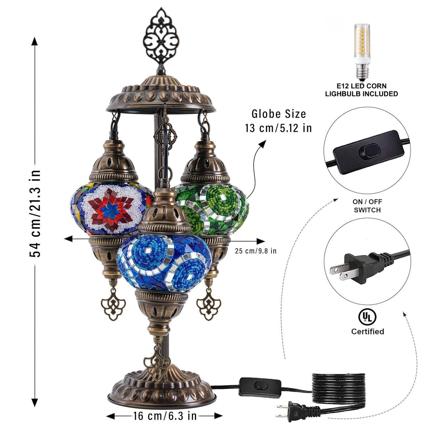 Mozaist - 3-Globe Turkish Mosaic Table Lamp (Multicolor)