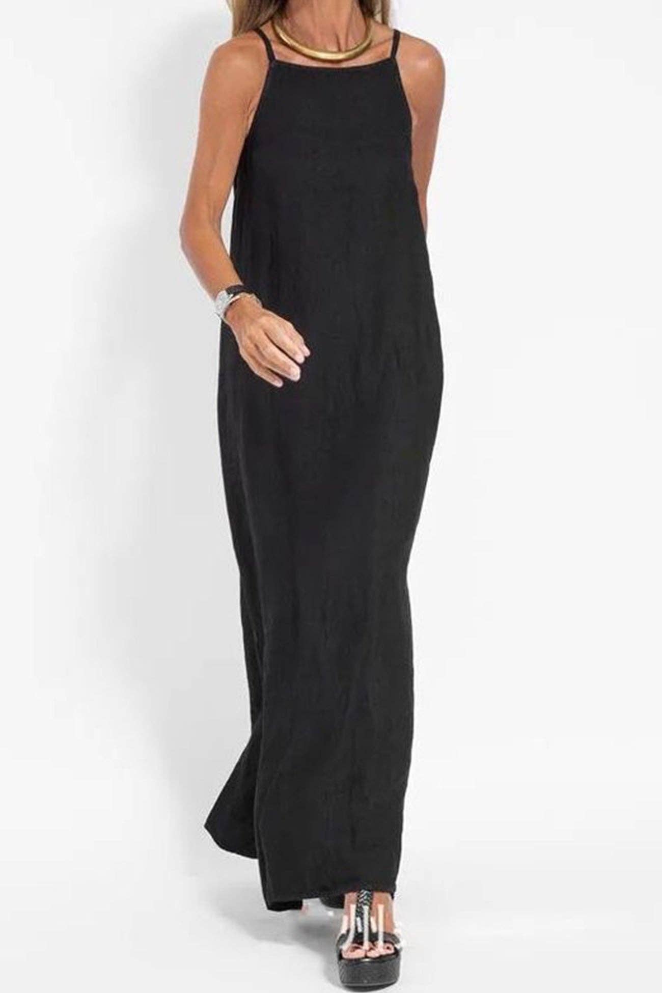 Elanora - Cotton Linen Slit Cami Dress: Black / L