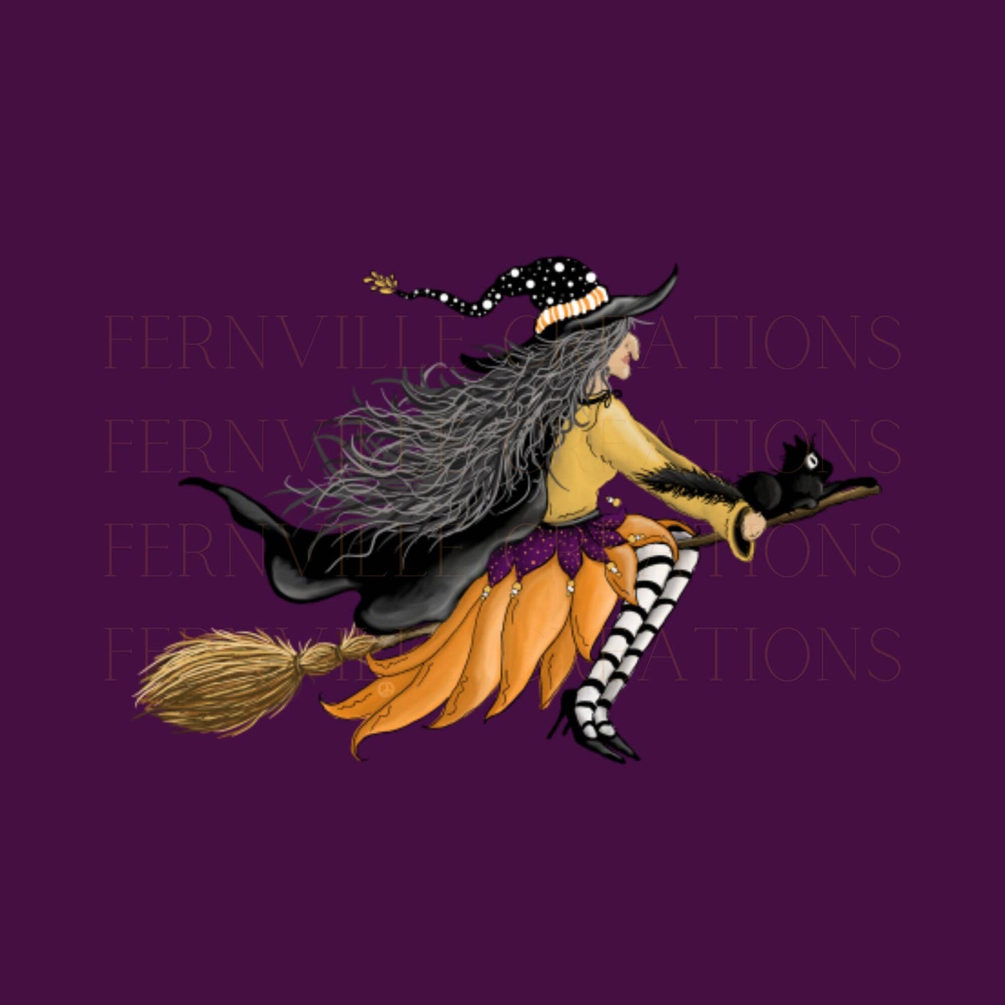 Fernville Creations - Halloween Witch & Broom Hand Tea Towel for Home Decor