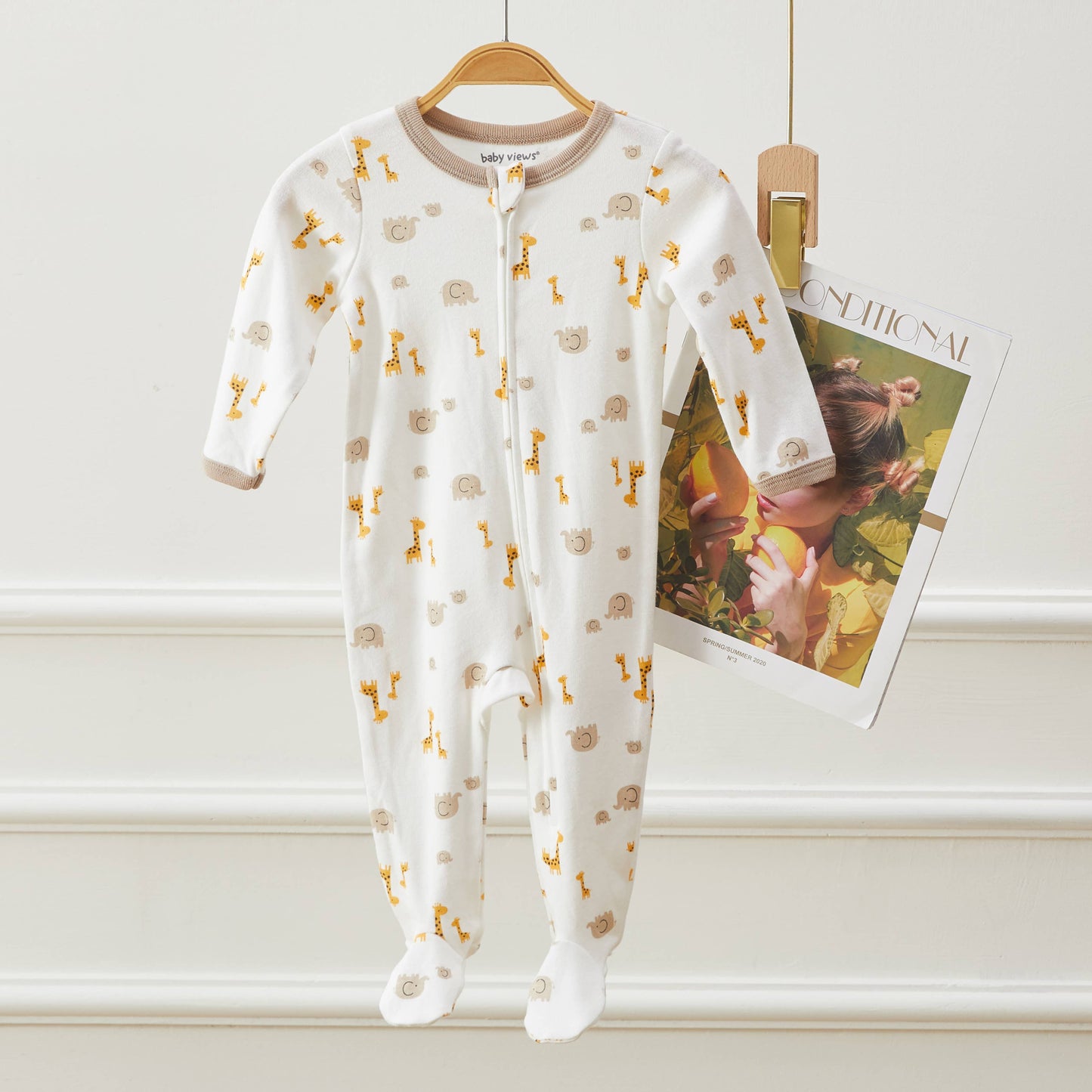 Lollipop Dreams - Elephant & Giraffe Pattern Zipper Footie Pajamas Romper: 6-9M