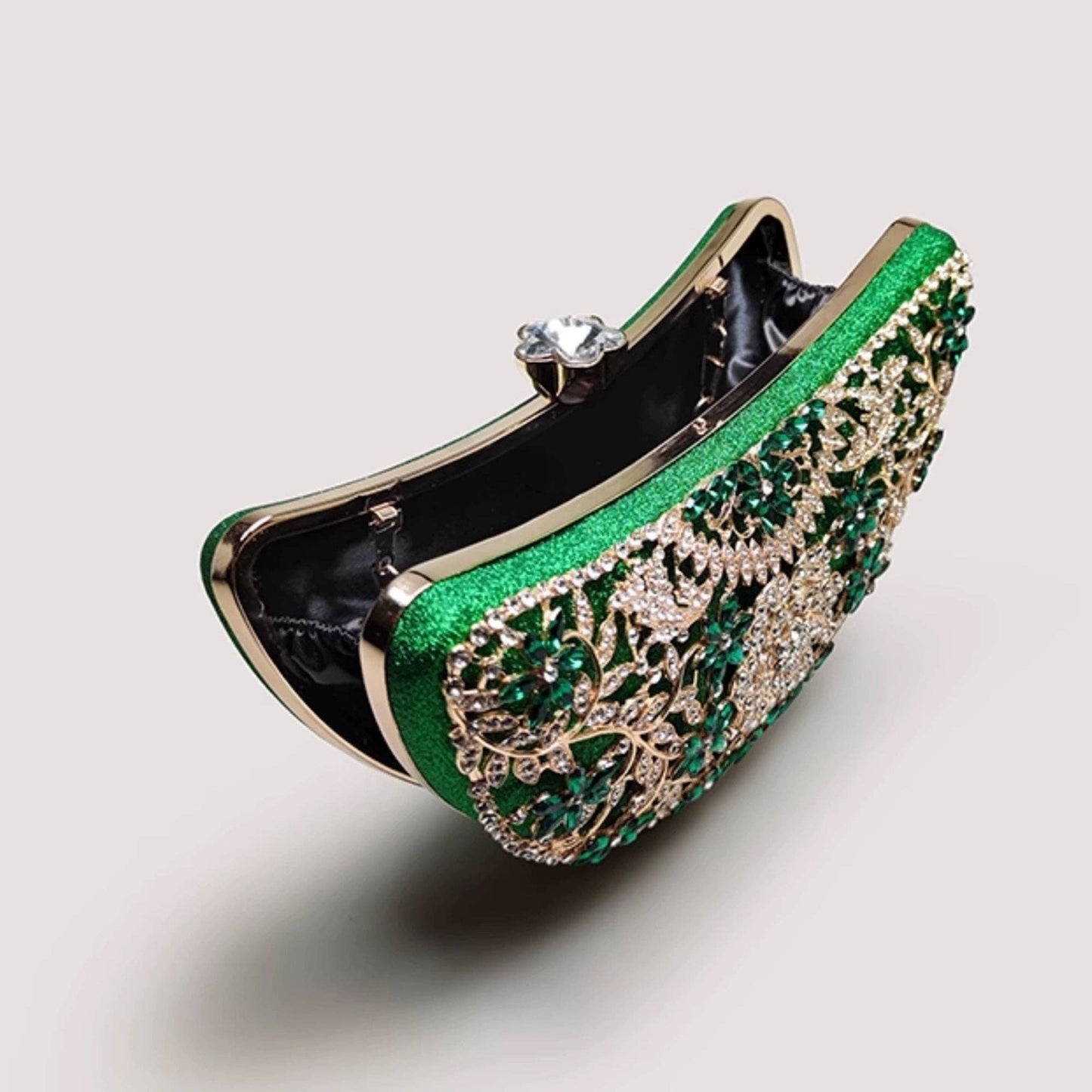 Cici’De Jewelry Amsterdam - Emerald Green Dazzling Half Moon Clutch - Gold Flower Frame