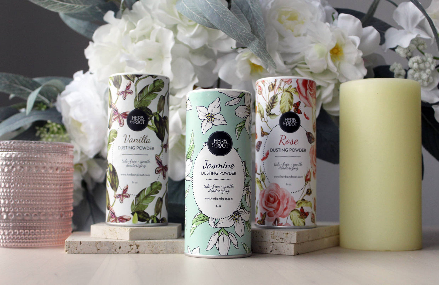 Herb & Root - Dusting Powder Display + 3 Cases of Dusting Powders: Lavender / Vanilla / Rose