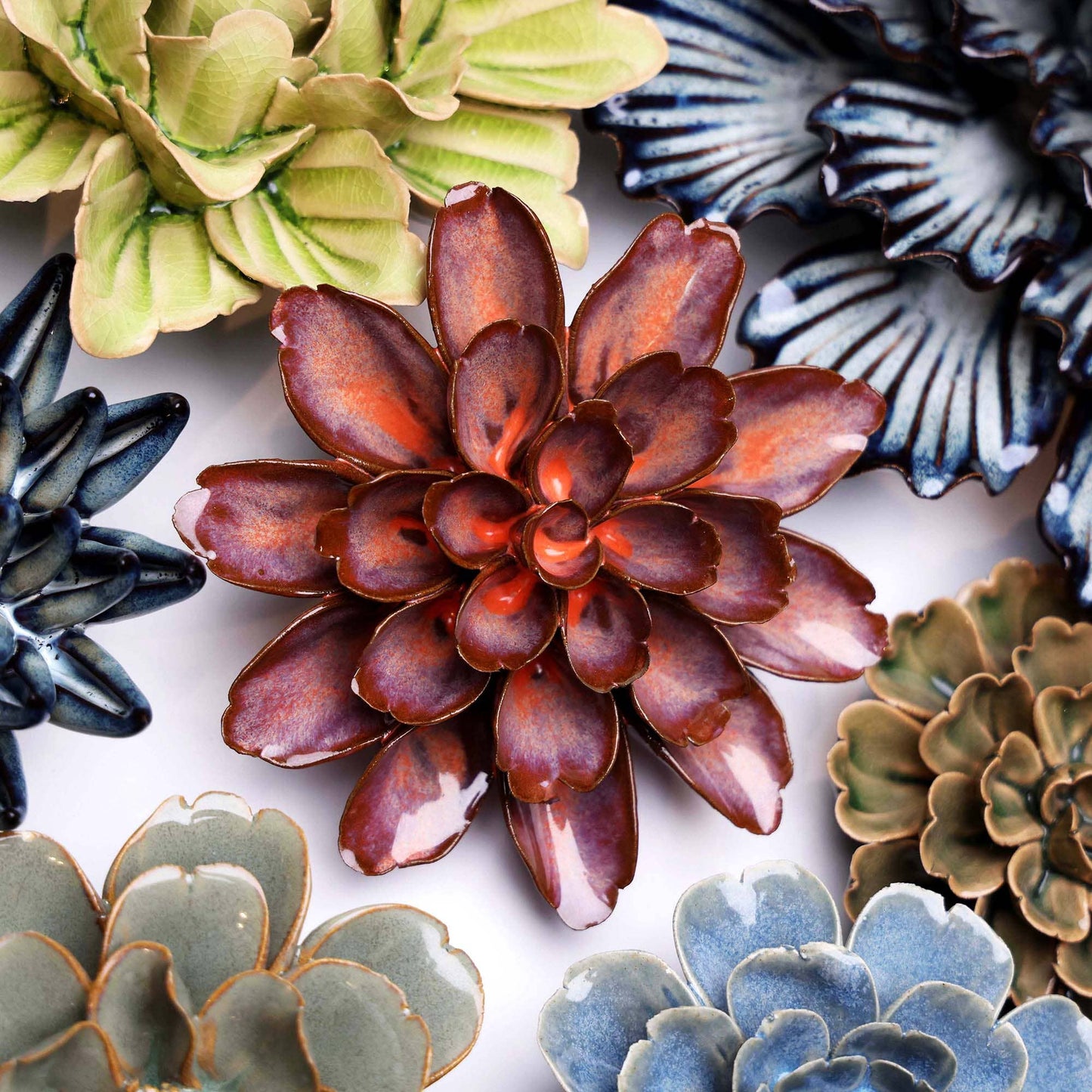 Chive - Japan Ceramic Flowers With Keyhole For Wall Hanging: Mint Chocolate Medium Flower