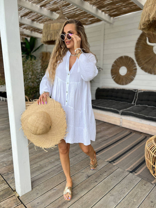 LOOWIE - SW161 White Gauze Cotton Italian Short Dress 3/4 Sleeves