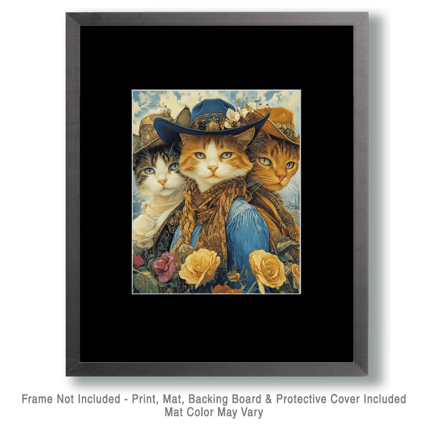 Mowbi - Three Amigos - Cowboy Cats - Wall Art Print - Coastal Cowgirl  8"x10" Artwork - 11"x14" Mat