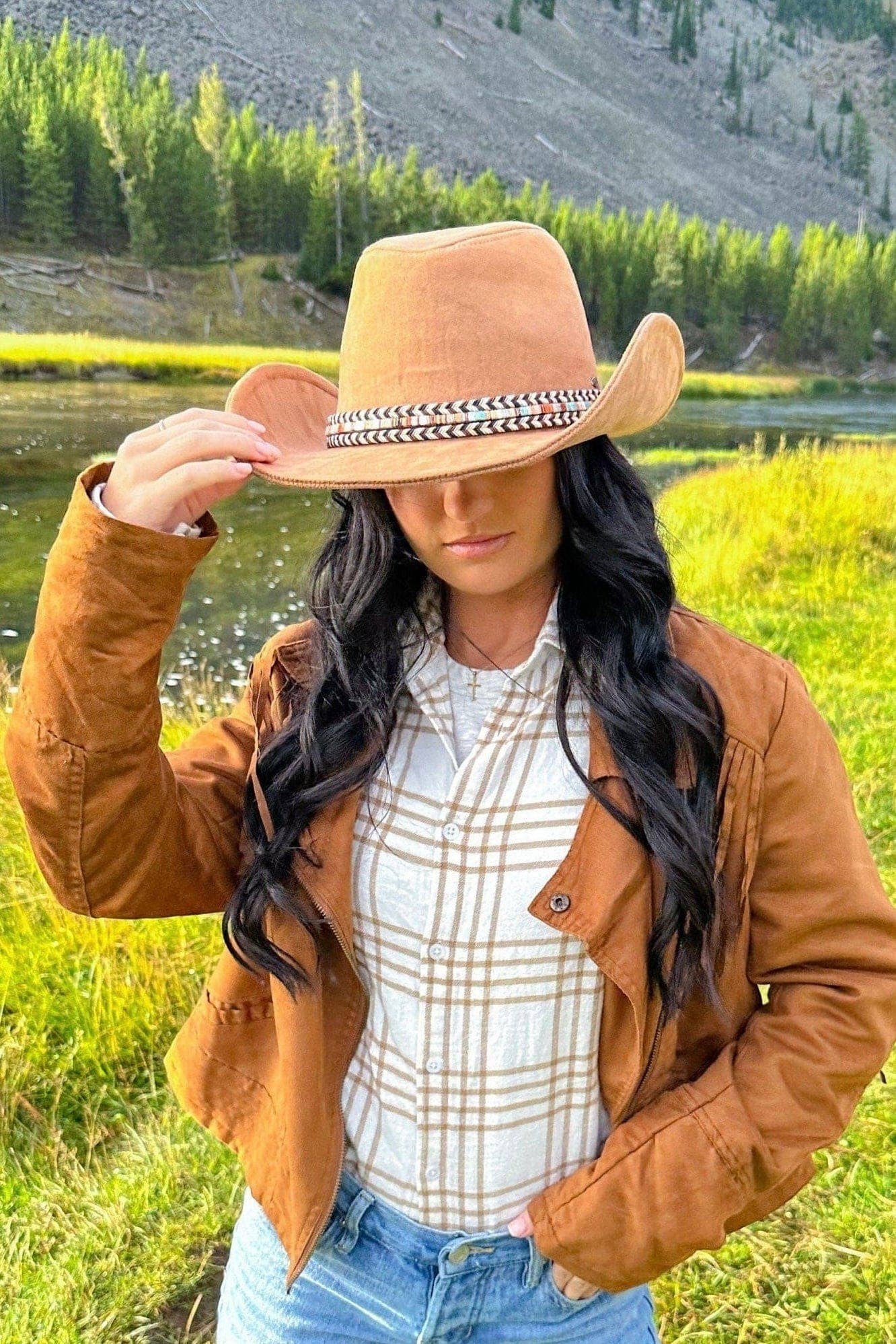 MiMi Wholesale - VCC0077 Anastasia Suede Cowboy Hat With Multi Thread Trim: Camel